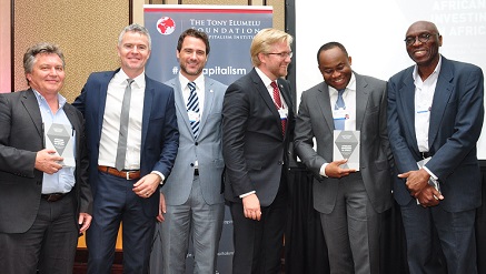 L-R: Mark Pearson, one of the editors of “Africans Investing in Africa”; editor Dr. Terence McNamee, Deputy Director of the Brenthurst Foundation; David Rice, Director of The Tony Elumelu Foundation’s Africapitalism Institute; editor Dr. Wiebe Boer, Director of Strategy at Heirs Holdings; Uche Orji, Managing Director & Chief Executive Officer of the Nigeria Sovereign Investment Authority; and Dr. Ayo Ajayi head of Africa for the Gates Foundation during the Launch of the book “Africans Investing in Africa” b